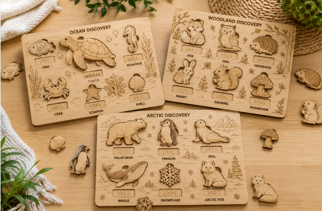 NuzzleFox Ocean, Woodland and Arctic tactile wooden puzzles